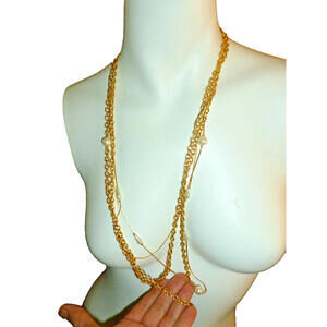 Vintage Multi Chain Estate Long Gold‎ Tone Necklace Chain Faux Pearl 25"